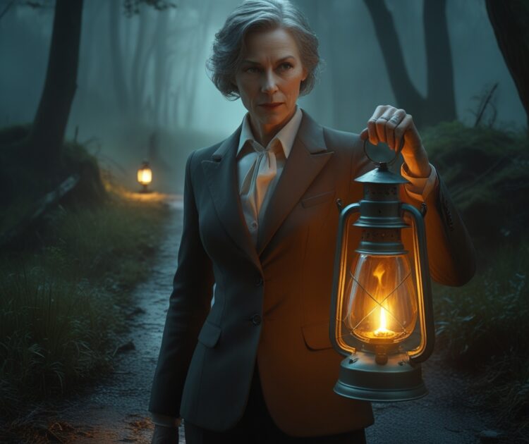 Une Personne Mature, Habillée De Façon Professionnelle Se Tient à Un Carrefour Dans Un Brumeux