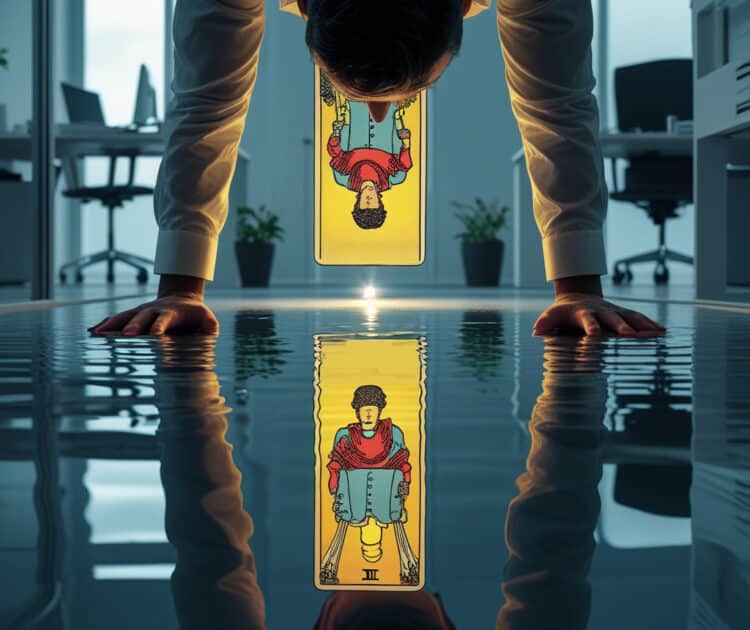 Un Professionnel Regarde Une Flaque D’eau Parfaitement Immobile, Semblable à Un Miroir, Sur Le Sol Moderne De Son Bureau