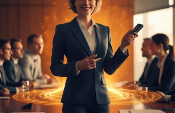 Au Premier Plan, Une Figure Professionnelle Se Tient Avec Assurance, Tenant Une Télécommande De Présentation Comme Un Sceptre