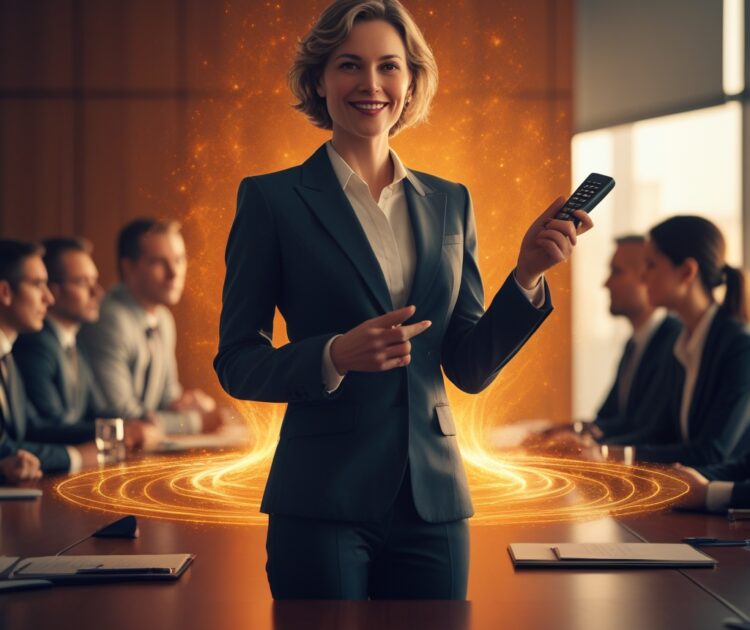 Au Premier Plan, Une Figure Professionnelle Se Tient Avec Assurance, Tenant Une Télécommande De Présentation Comme Un Sceptre