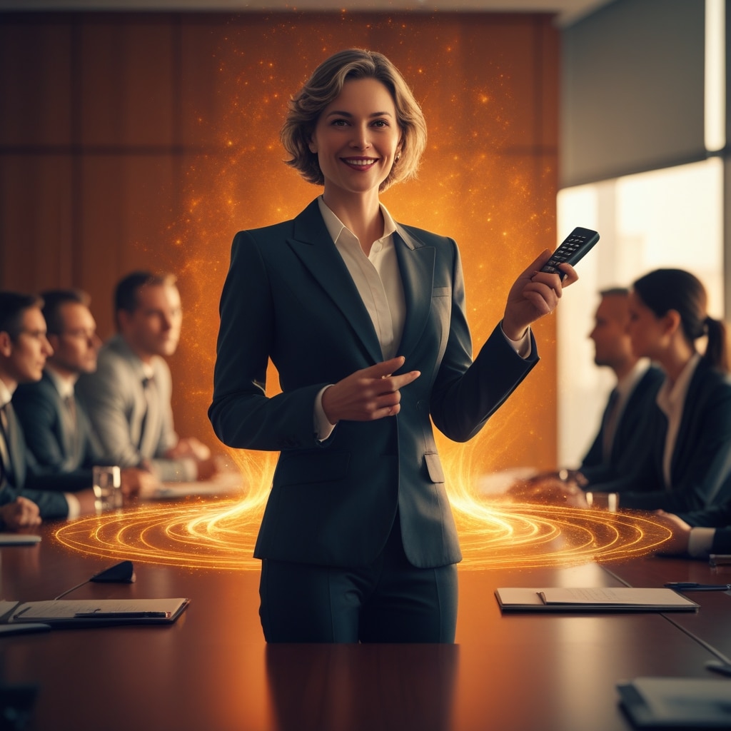 Au Premier Plan, Une Figure Professionnelle Se Tient Avec Assurance, Tenant Une Télécommande De Présentation Comme Un Sceptre