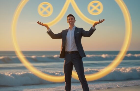 Un Jongleur Professionnel Vêtu D’une Tenue Business Décontractée Moderne Se Tient Sur Une Plage Au Coucher Du Soleil