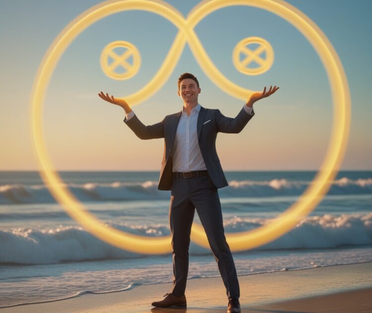 Un Jongleur Professionnel Vêtu D’une Tenue Business Décontractée Moderne Se Tient Sur Une Plage Au Coucher Du Soleil