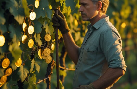 Un Professionnel D’une Quarantaine D’années Se Tient Dans Un Vignoble Luxuriant Mais Envahi Par La Végétation à L’heure Dorée