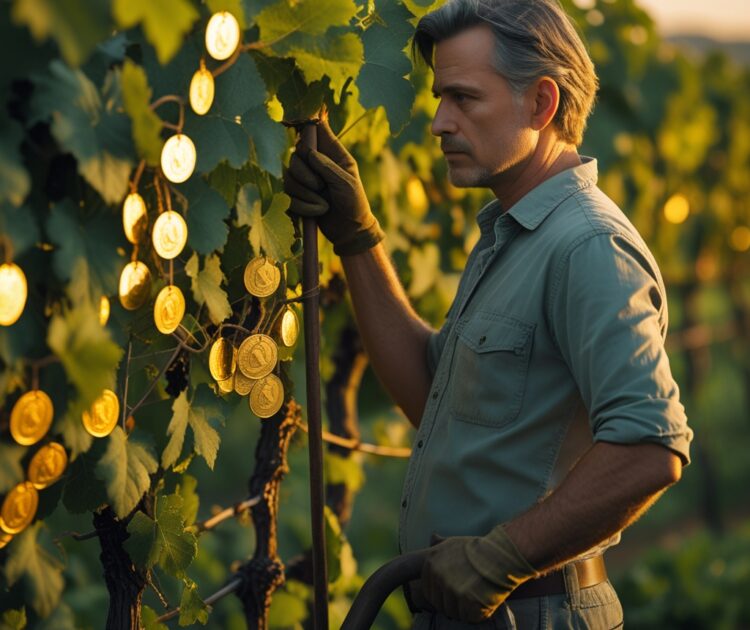 Un Professionnel D’une Quarantaine D’années Se Tient Dans Un Vignoble Luxuriant Mais Envahi Par La Végétation à L’heure Dorée