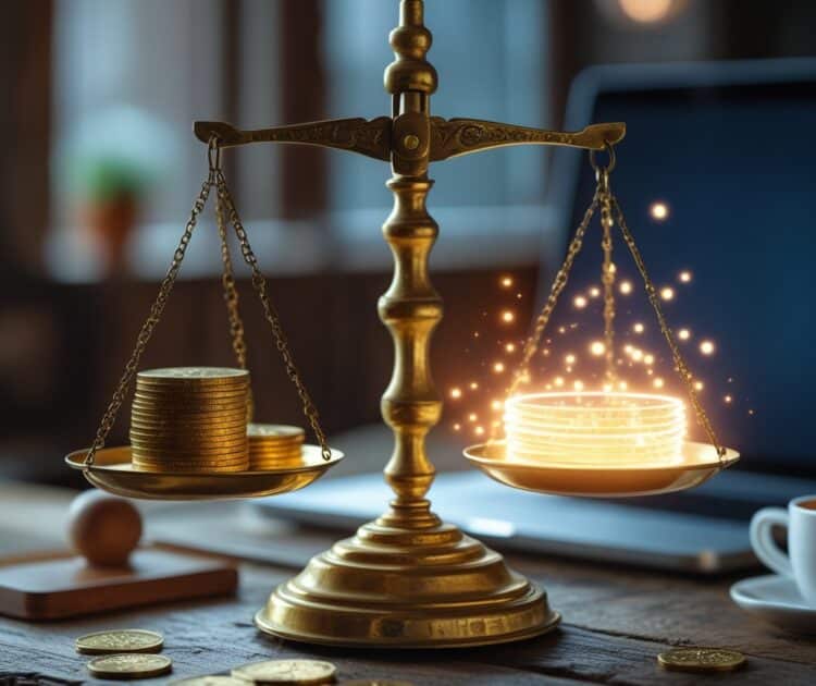 Une Magnifique Balance Dorée Ancienne Et Parfaitement équilibrée Repose Sur Le Bureau Rustique En Bois D’un Entrepreneur Moderne