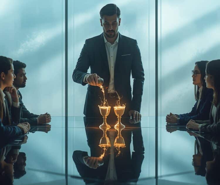 Un Cadre Moderne De Bureau D’entreprise. Un Jeune Leader Confiant Mais Empathique Se Tient à La Tête D’une Table De Conférence En Verre élégant
