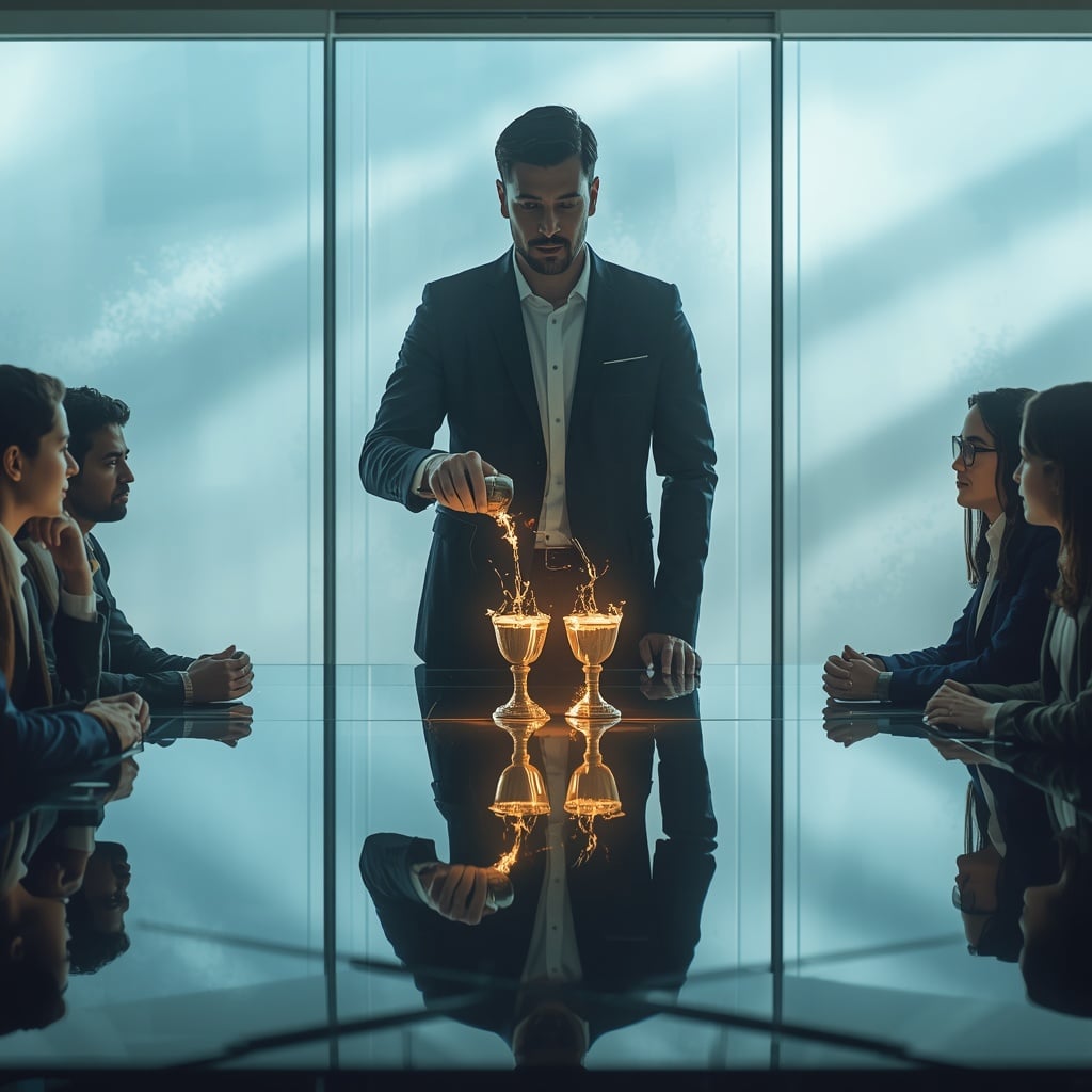 Un Cadre Moderne De Bureau D’entreprise. Un Jeune Leader Confiant Mais Empathique Se Tient à La Tête D’une Table De Conférence En Verre élégant